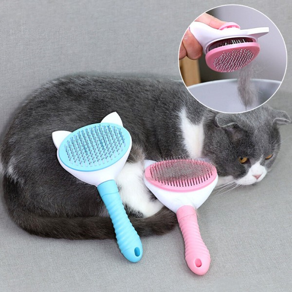 Button Pet Hair Removal Comb Stainless Steel Pet Needle Comb Floating Pet Cleaning Supplies - Pink Thick needle