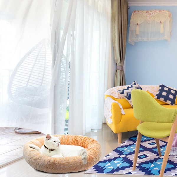 55CM Luxury Shag Warm Fluffy Pet Dog Puppy Round Fur Donut Cushion Mat Pet Bed - orange