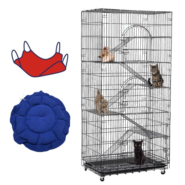 PawGiant Oversized 6 Tier Cat Cage 77" Tall 1-5 Cats w/Hammock, Cat Bed &amp; 5 Ramp Ladders 5 Platforms 3 Front Door Tray Cat L