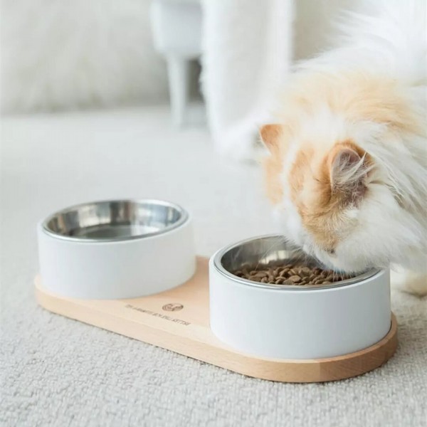 Pet Feeder Beech Bowl With 304 Stainless Steel Double Bowl