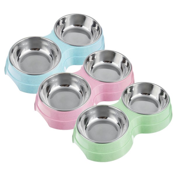 Stainless Steel Double Bowls Pet Food Water Bowl Cat Dog Puppy Feeder Pet Water Food Dish - Green