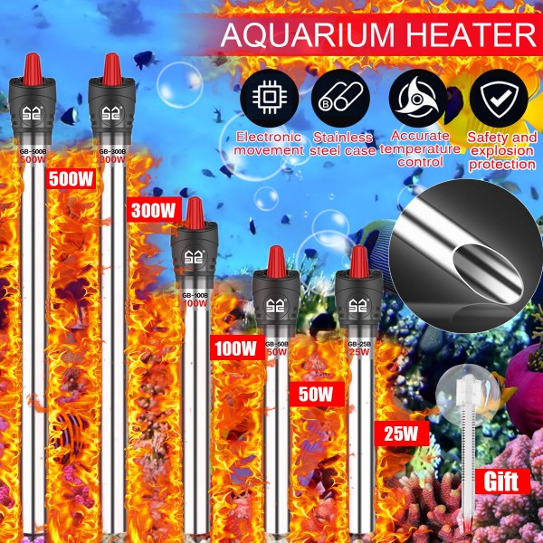 25W-500W  Submersible Tank Fish Heater Stainless Steel Heating Rod Water Thermostat - 100W AU Plug