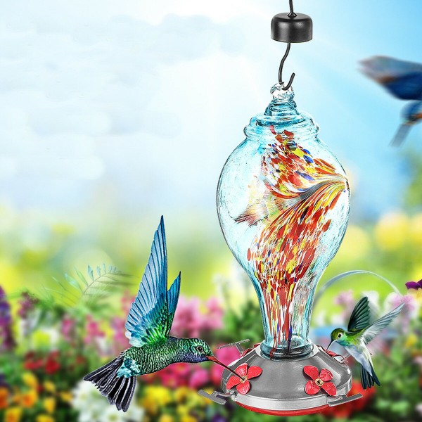 Colorful Hummingbird Pet Feeder Hand Blown Glass Bird Feeder Drinker Water Feeding Bowl for Yard Outdoor Parrot Flower Troughs A