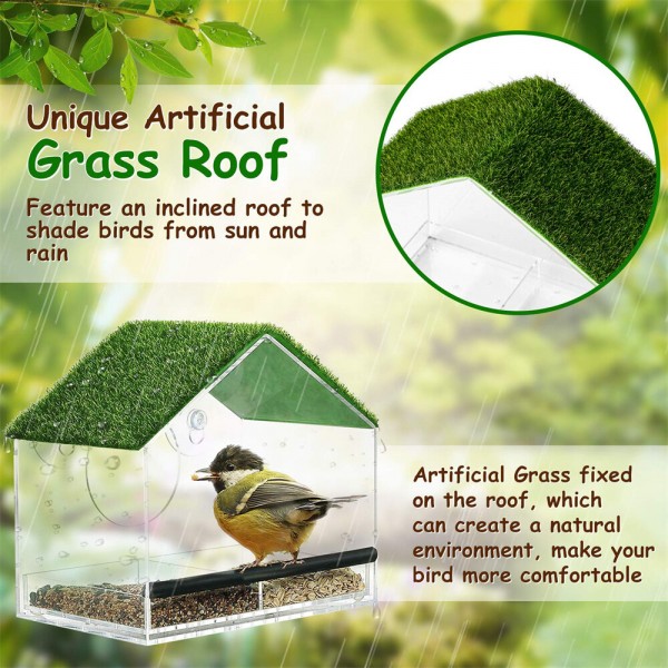 Window Bird Feeders for Outside, Bird Feeder Nature Green Large Roof with Artificial Grass, Removable Sliding Tray, Drain