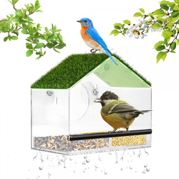 Window Bird Feeders for Outside, Bird Feeder Nature Green Large Roof with Artificial Grass, Removable Sliding Tray, Drain