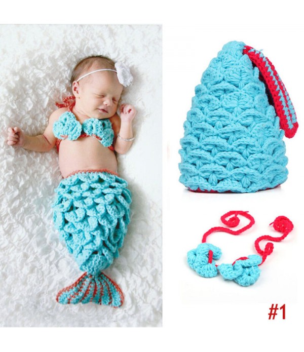 Baby handmade crochet mermaid clothing baby hundred days props yarn set - #07